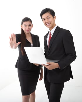 South east Asian young Chinese Indian man woman wearing formal business office ware on white background pose expression photo