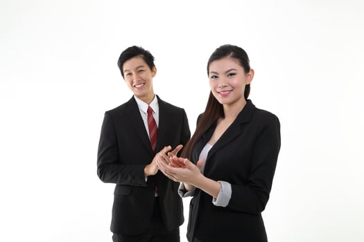 South east Asian young Chinese Indian man woman wearing formal business office ware on white background pose expression photo