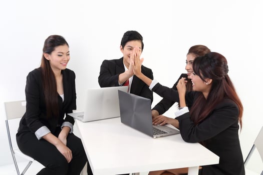 South East Asian young Chinese Indian Malay headscarf man woman wearing formal business office ware on white background stand pose togetherness team photo