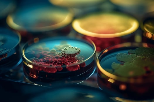 Bacteria and virus cells in a petri dish in a scientific laboratory. Mold cultures. Experimental for biochemistry, biotechnology, biological science laboratory. . photo