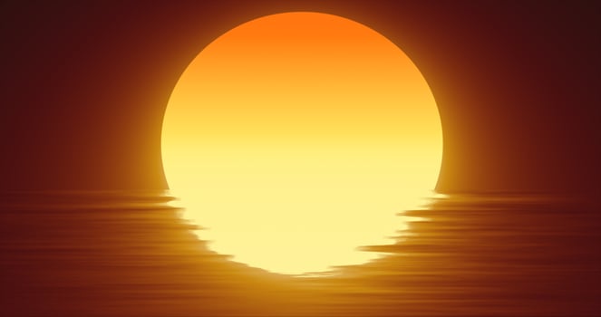 Abstract orange sun over water and horizon with reflections background photo