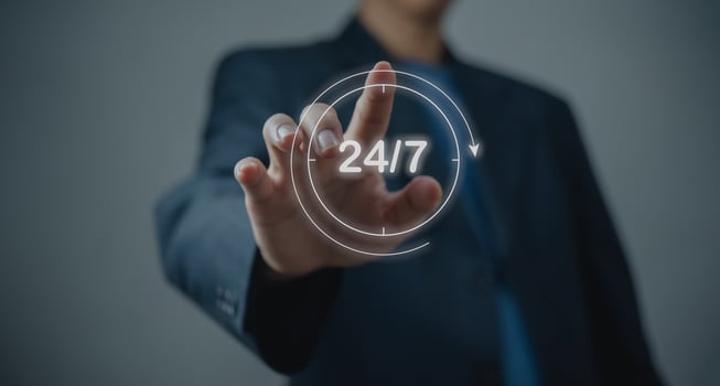 customer service. nonstop service concept. Businessman hand holding virtual 24-7 with clock on hand worldwide nonstop and full time contact of service concept. photo