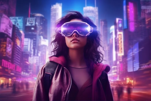 A woman wearing a vr headset in front of a cityscape, photo