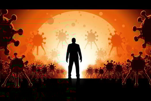 Different shapes bacterias and virus cells near person silhouette. photo
