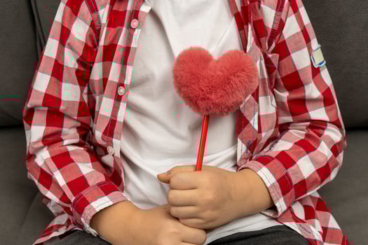 a boy with a fluffy heart-shaped toy photo
