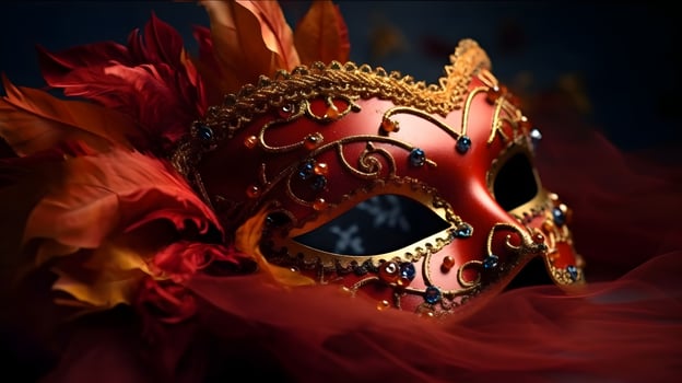 A red half face carnival mask festival high detail beautiful with dark studio background for concept and commercial used. photo