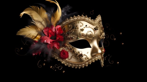 A gold half face carnival mask festival high detail beautiful isolated on black background for concept and commercial used. photo
