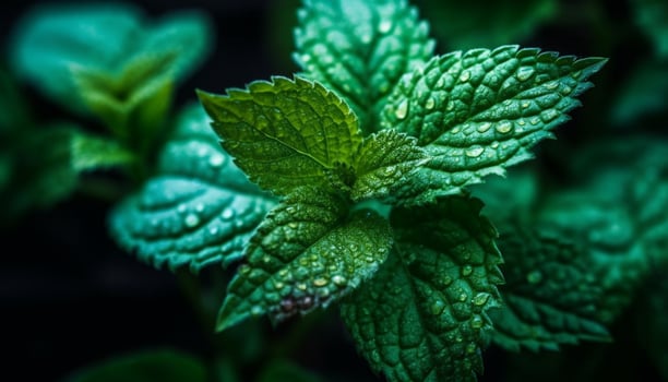 Fresh spearmint leaf with dew drop, a symbol of new life generated by AI photo