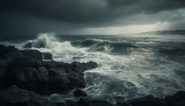 Breaking waves crash against rocky cliff, dramatic beauty in nature generated by AI photo