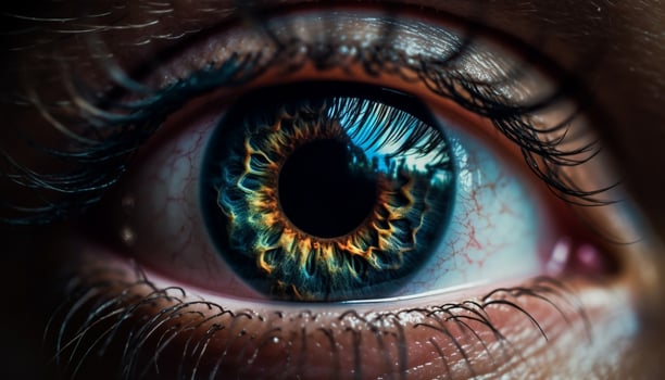 Blue eyed woman staring at camera, close up of iris and eyelash generated by AI photo