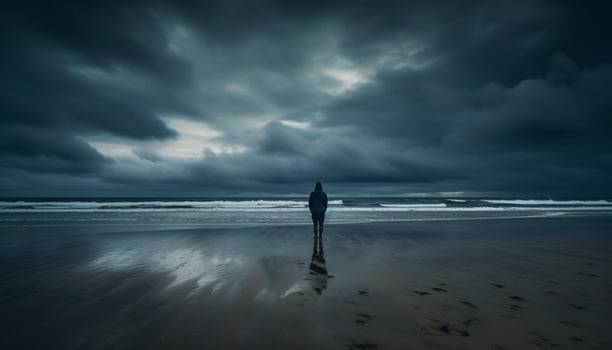 A serene silhouette standing at the water edge, alone generated by AI photo