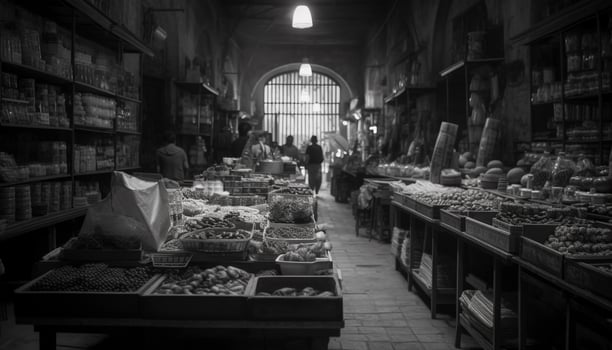 Indoor market vendors selling fresh seafood in bustling city streets generated by AI photo