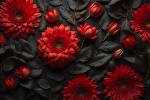 Flowers composition. Red dahlias on black background. Flat lay, top view, copy space. photo