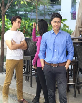 Asian young man woman friend student colleagues outdoor active work study relax photo