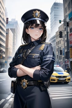 Police woman on the street with a police car behind photo