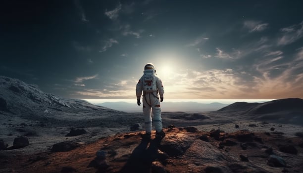 One person standing on mountain peak, backpack, enjoying sunset generated by AI photo