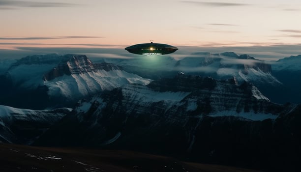 Futuristic spaceship hovers over majestic mountain range in alien landscape generated by AI photo
