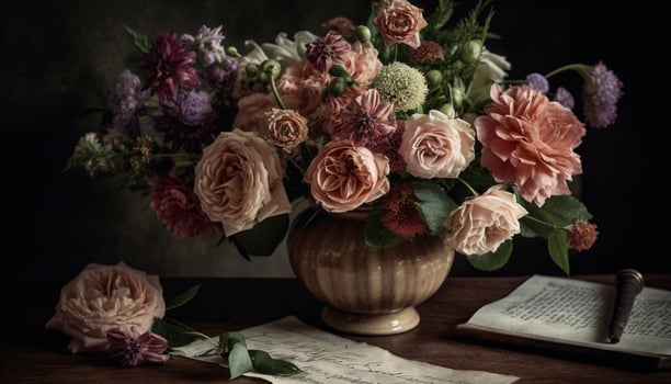 A rustic bouquet of fresh flowers on a wooden table generated by AI photo