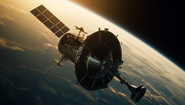 Futuristic spaceship orbits galaxy, using wireless technology for global communication generated by AI photo