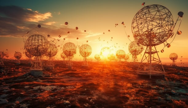 Global communications connect us to nature sunset through wireless technology generated by AI photo