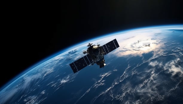 A futuristic spaceship orbits planet Earth, broadcasting global communications generated by AI photo