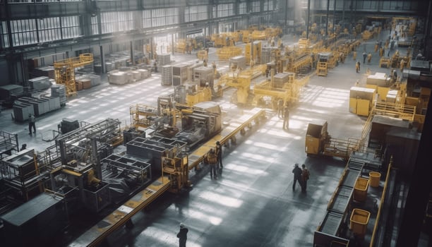 Busy factory workers use machinery to transport metal cargo containers generated by AI photo