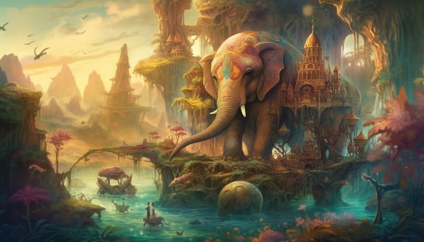 An ancient elephant god painted in multi colored acrylic on backdrop generated by AI photo