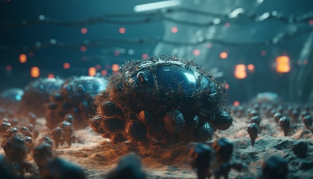Scuba diving men explore deep underwater reef, studying biology motion generated by AI photo