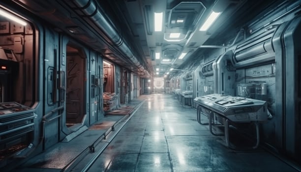 Futuristic factory workshop modern machinery, steel equipment, empty corridor, blue lighting generated by AI photo