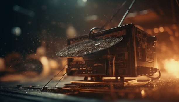 Old fashioned steel turntable glows in dark nightclub, mixing modern electronics generated by AI photo