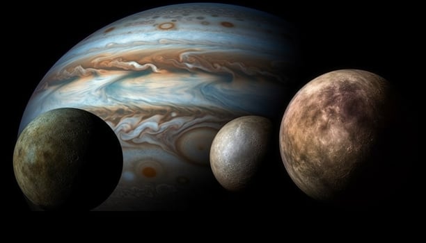 Levitating astronaut explores impact of Christianity on planetary moons in space generated by AI photo