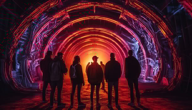 A group of silhouetted people walking towards a glowing stage generated by AI photo