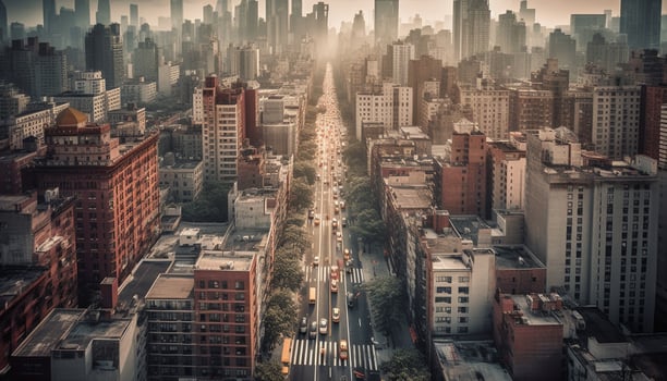 Modern city skyline illuminated at dusk, a financial district panorama generated by AI photo