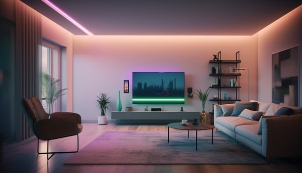 Modern living room with comfortable sofa, elegant decor and lighting generated by AI photo