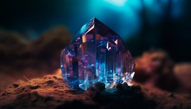 A glowing gemstone collection, reflecting vibrant colors in the dark generated by AI photo