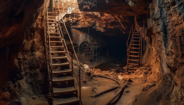 Men walking down dirty staircase in old mining industry ruins generated by AI photo