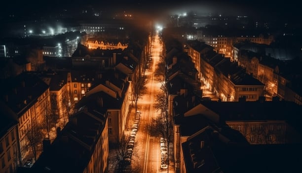 The illuminated city skyline, a modern man made structure in motion generated by AI photo