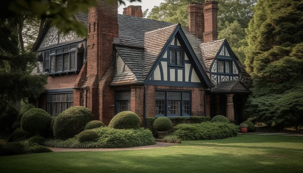 Old fashioned luxury cottage with half timbered facade in formal garden generated by AI photo