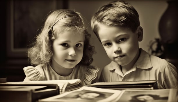 Two cute boys and girls studying literature in elementary school generated by AI photo