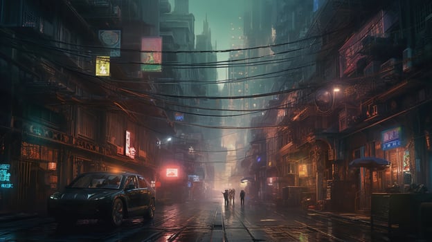 Digital painting of a street in a foggy city at night.AI Generate photo