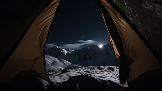 View from camp tent to the night snow-capped mountain peaks, active recreation. . photo