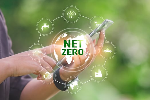 Net Zero and Carbon Neutral Concepts Net Zero Emissions Goals With a connected icon concept related to Net Zero with hexagon grid. photo