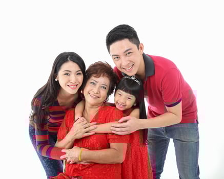Southeast Asian multigeneration family parents daughter grandmother father mother child pose happy sit stand on white background photo