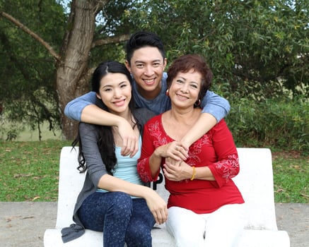 Southeast Asian multigeneration family parents daughter grandmother father mother child pose happy sit stand  outdoor park photo