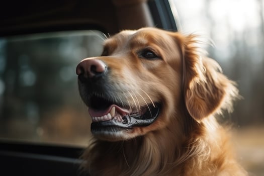 Cute golden retriever dog in the car, close-up photo