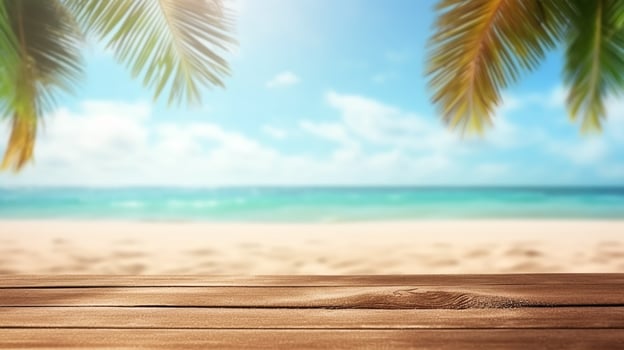 Product presentation in nature. Tropical fine sandy beach with blurred sea sun sky on empty old nature wooden table abstract summer relaxation background. photo