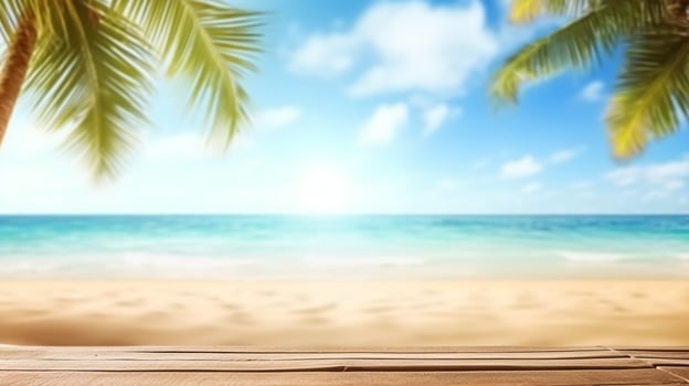 Product presentation in nature. Tropical fine sandy beach with blurred sea sun sky on empty old nature wooden table abstract summer relaxation background. photo