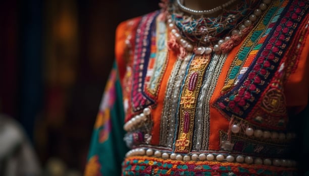 Vibrant colors and ornate patterns adorn traditional Indian clothing and jewelry generated by AI photo