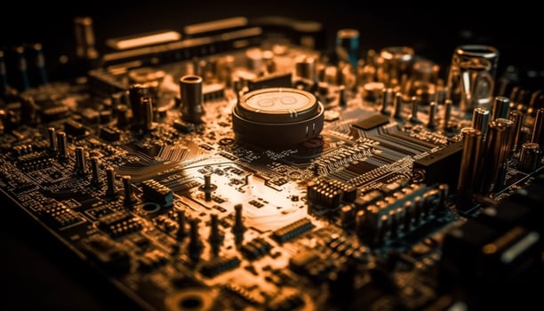 Complexity of the electronics industry shown in close up semiconductor circuit board generated by AI photo