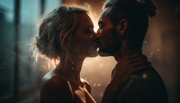 A young couple in love, embracing and kissing passionately indoors generated by AI photo